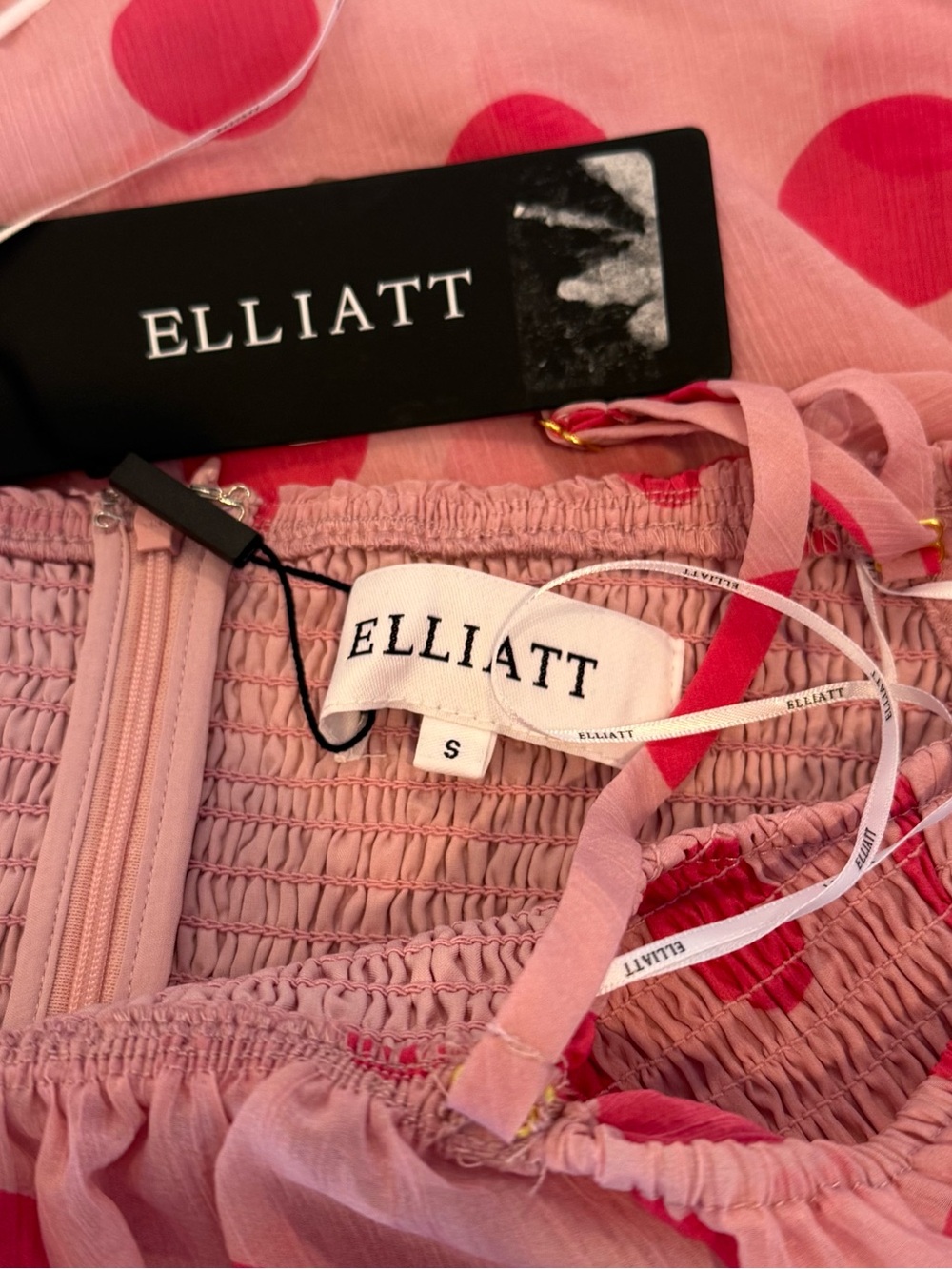 NWT ELLIATT Sola Georgette Polka Dot Off-The-Shoulder Pink Mini Dress $298 - Picture 11 of 13